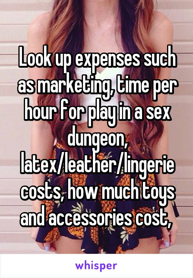 Look up expenses such as marketing, time per hour for play in a sex dungeon, latex/leather/lingerie costs, how much toys and accessories cost, 