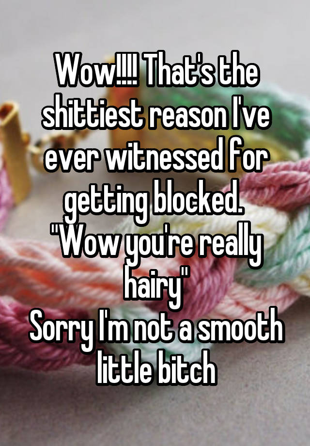 Wow!!!! That's the shittiest reason I've ever witnessed for getting blocked. 
"Wow you're really hairy"
Sorry I'm not a smooth little bitch