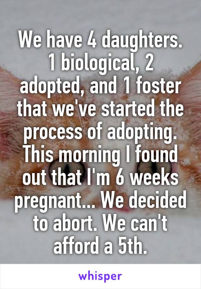 We have 4 daughters. 1 biological, 2 adopted, and 1 foster that we've started the process of adopting. This morning I found out that I'm 6 weeks pregnant... We decided to abort. We can't afford a 5th.