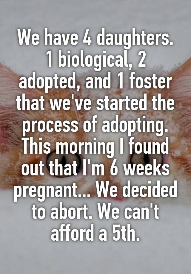 We have 4 daughters. 1 biological, 2 adopted, and 1 foster that we've started the process of adopting. This morning I found out that I'm 6 weeks pregnant... We decided to abort. We can't afford a 5th.