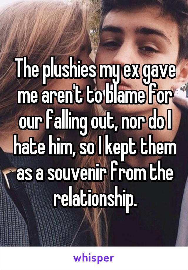 The plushies my ex gave me aren't to blame for our falling out, nor do I hate him, so I kept them as a souvenir from the relationship.