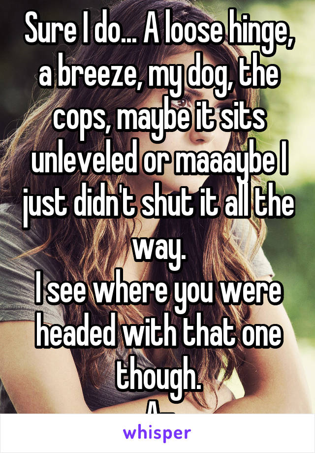 Sure I do... A loose hinge, a breeze, my dog, the cops, maybe it sits unleveled or maaaybe I just didn't shut it all the way.
I see where you were headed with that one though.
A-