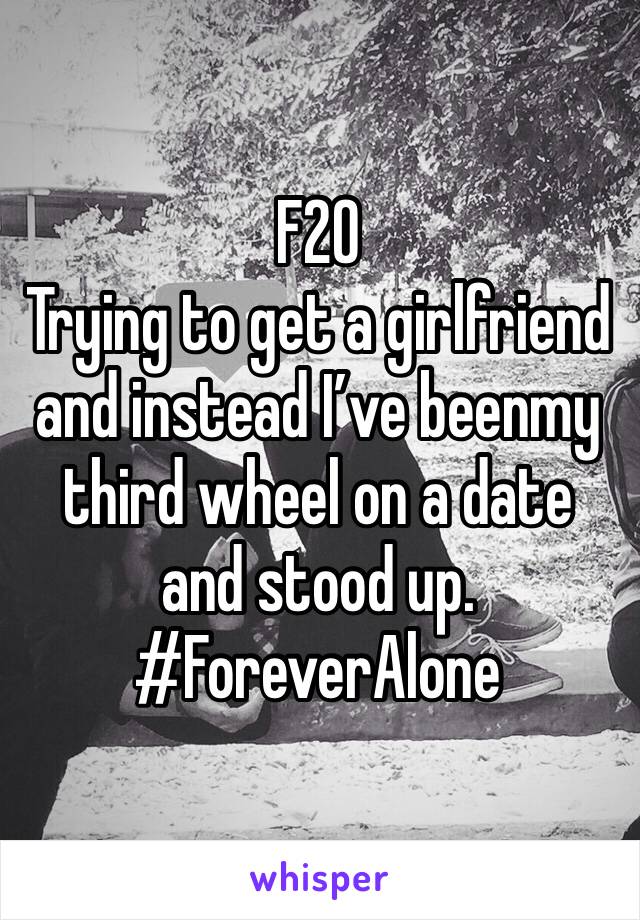 F20
Trying to get a girlfriend and instead I’ve beenmy third wheel on a date and stood up. 
#ForeverAlone