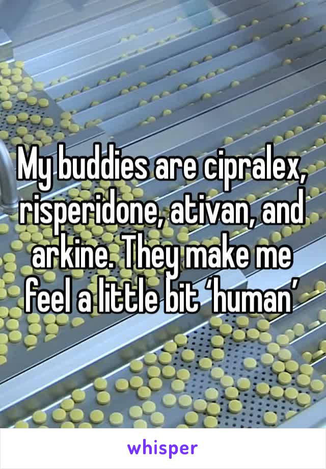 My buddies are cipralex, risperidone, ativan, and arkine. They make me feel a little bit ‘human’