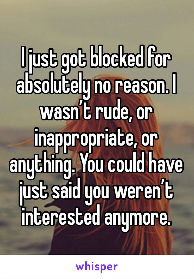 I just got blocked for absolutely no reason. I wasn’t rude, or inappropriate, or anything. You could have just said you weren’t interested anymore.