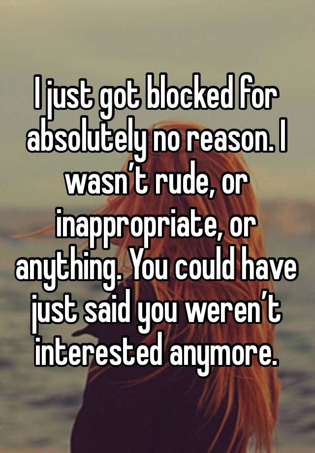 I just got blocked for absolutely no reason. I wasn’t rude, or inappropriate, or anything. You could have just said you weren’t interested anymore.