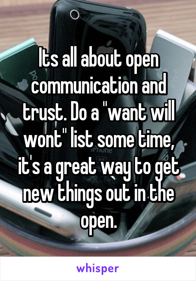 Its all about open communication and trust. Do a "want will wont" list some time, it's a great way to get new things out in the open.