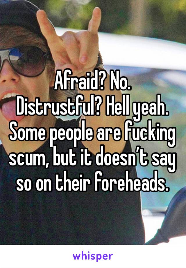 Afraid? No.
Distrustful? Hell yeah. 
Some people are fucking scum, but it doesn’t say so on their foreheads. 