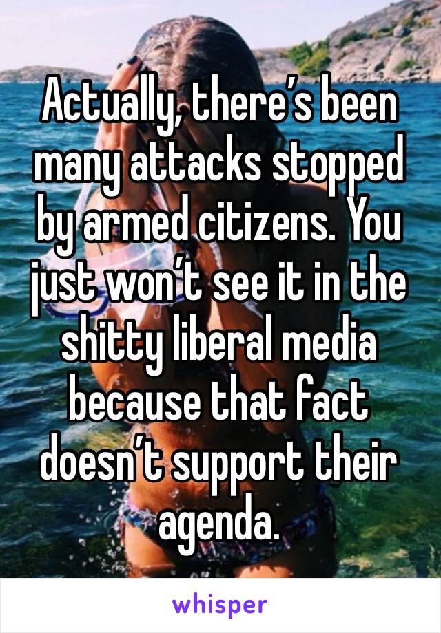 Actually, there’s been many attacks stopped by armed citizens. You just won’t see it in the shitty liberal media because that fact doesn’t support their agenda. 