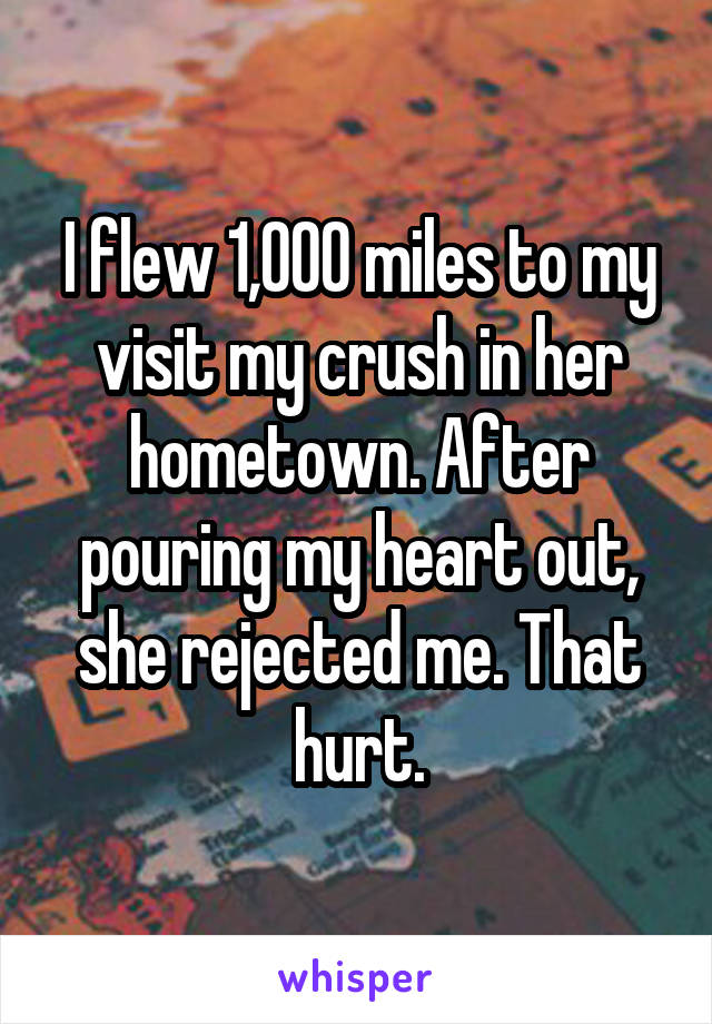 I flew 1,000 miles to my visit my crush in her hometown. After pouring my heart out, she rejected me. That hurt.