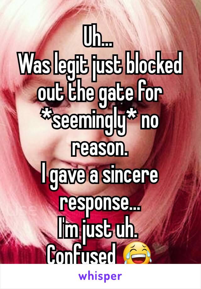 Uh... 
Was legit just blocked out the gate for *seemingly* no reason.
I gave a sincere response...
I'm just uh. 
Confused 😂