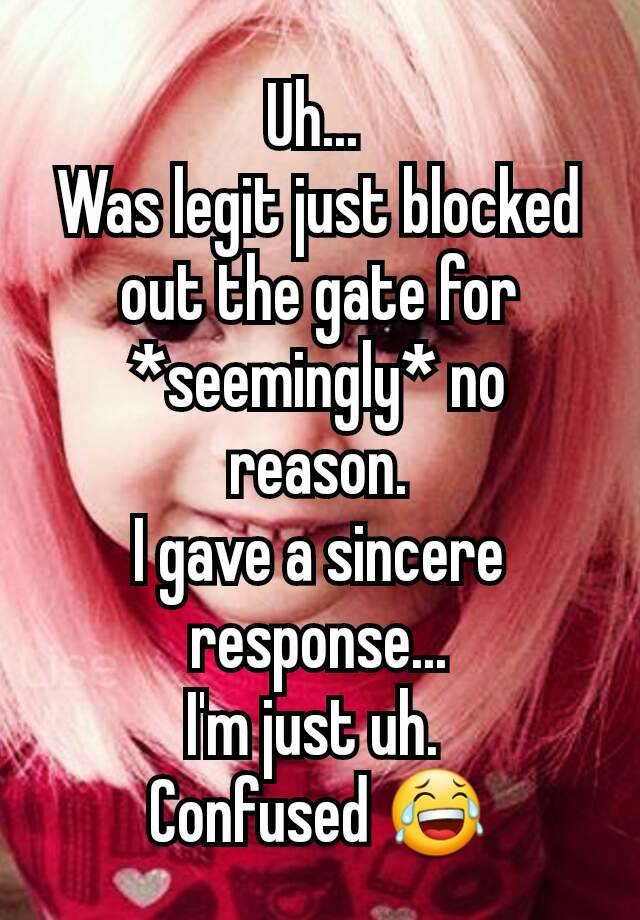 Uh... 
Was legit just blocked out the gate for *seemingly* no reason.
I gave a sincere response...
I'm just uh. 
Confused 😂