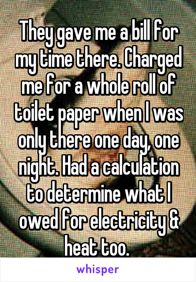 They gave me a bill for my time there. Charged me for a whole roll of toilet paper when I was only there one day, one night. Had a calculation to determine what I owed for electricity & heat too. 