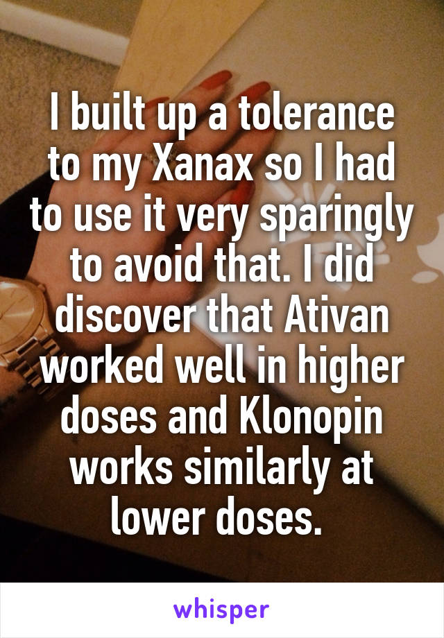 I built up a tolerance to my Xanax so I had to use it very sparingly to avoid that. I did discover that Ativan worked well in higher doses and Klonopin works similarly at lower doses. 