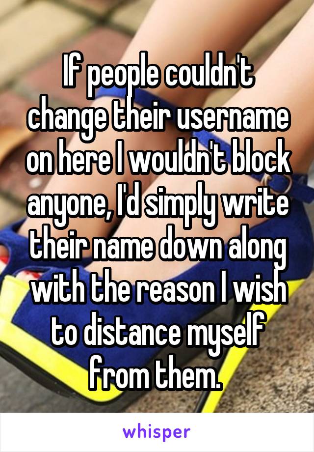 If people couldn't change their username on here I wouldn't block anyone, I'd simply write their name down along with the reason I wish to distance myself from them. 