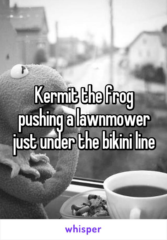 Kermit the frog pushing a lawnmower just under the bikini line