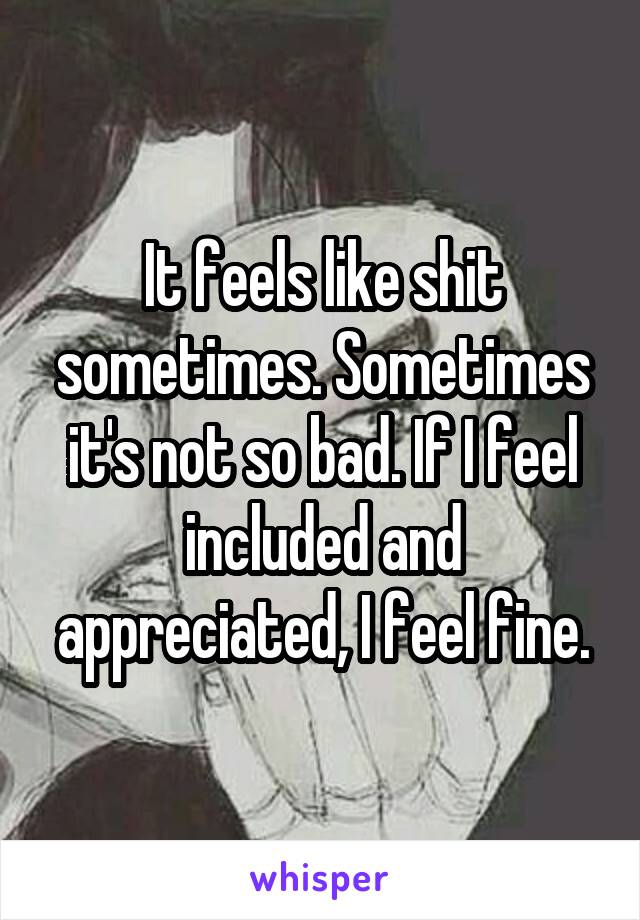 It feels like shit sometimes. Sometimes it's not so bad. If I feel included and appreciated, I feel fine.