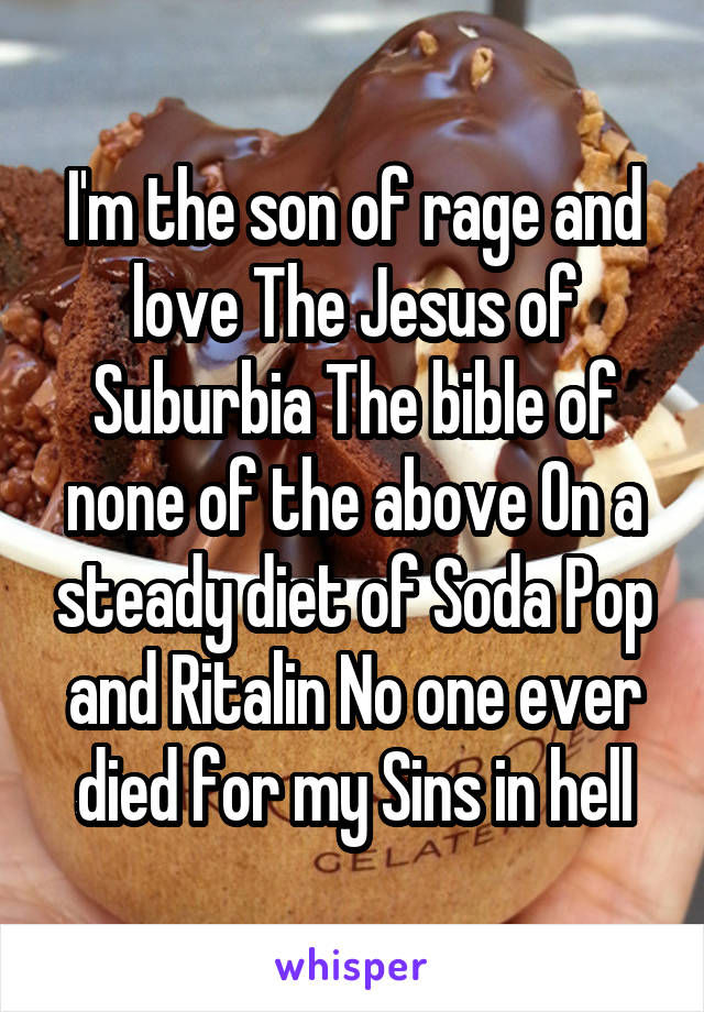 I'm the son of rage and love The Jesus of Suburbia The bible of none of the above On a steady diet of Soda Pop and Ritalin No one ever died for my Sins in hell