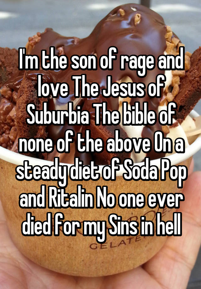 I'm the son of rage and love The Jesus of Suburbia The bible of none of the above On a steady diet of Soda Pop and Ritalin No one ever died for my Sins in hell