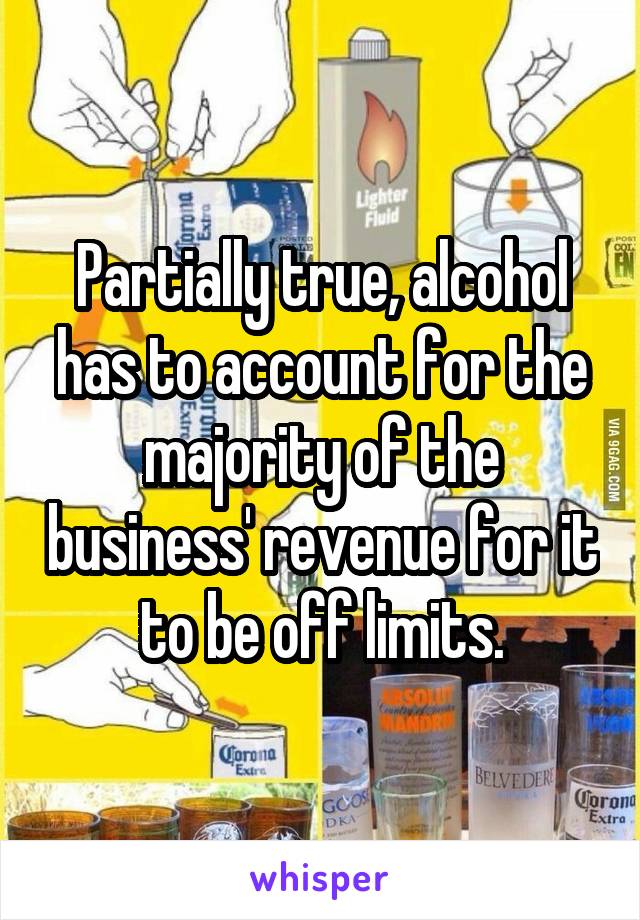 Partially true, alcohol has to account for the majority of the business' revenue for it to be off limits.