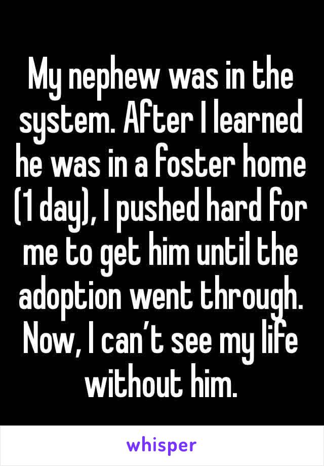 My nephew was in the system. After I learned he was in a foster home (1 day), I pushed hard for me to get him until the adoption went through. Now, I can’t see my life without him. 