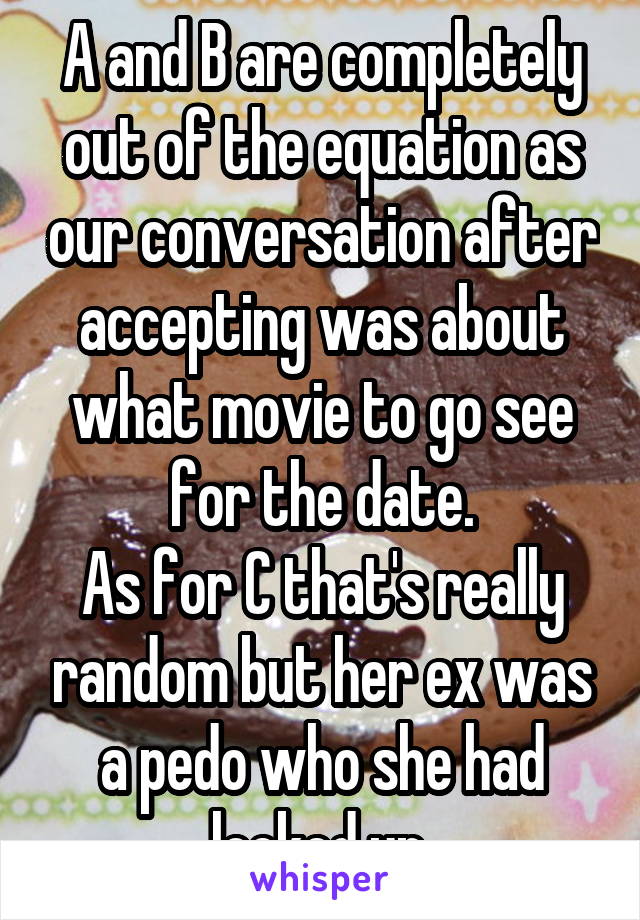 A and B are completely out of the equation as our conversation after accepting was about what movie to go see for the date.
As for C that's really random but her ex was a pedo who she had locked up.