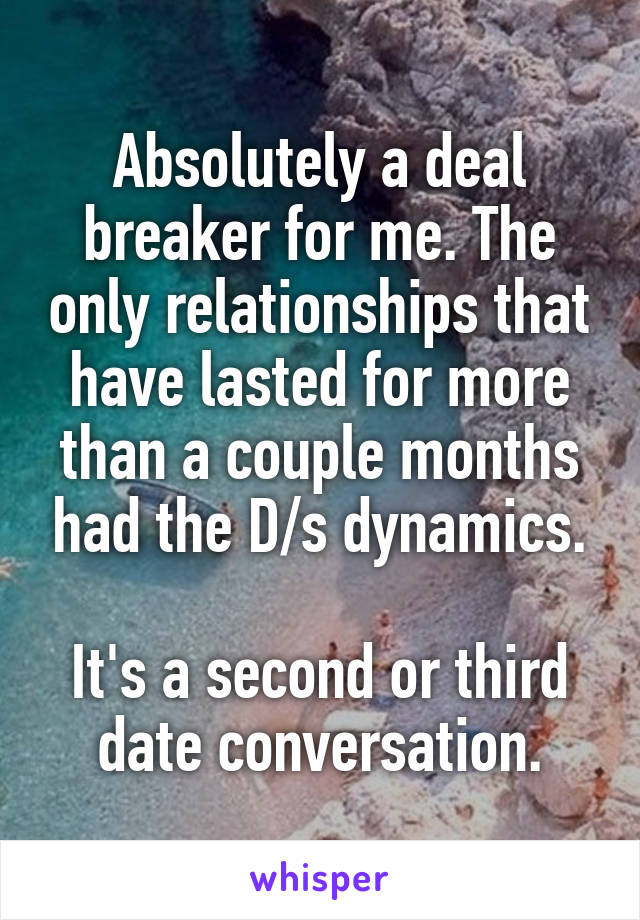 Absolutely a deal breaker for me. The only relationships that have lasted for more than a couple months had the D/s dynamics.

It's a second or third date conversation.