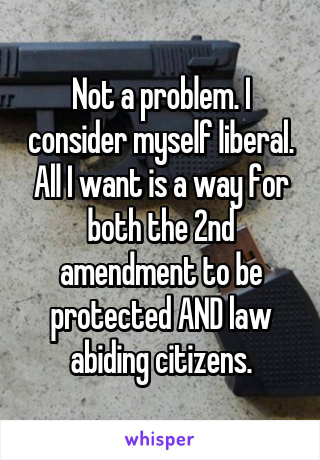 Not a problem. I consider myself liberal. All I want is a way for both the 2nd amendment to be protected AND law abiding citizens.