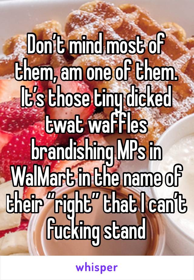 Don’t mind most of them, am one of them. It’s those tiny dicked twat waffles brandishing MPs in WalMart in the name of their “right” that I can’t fucking stand 