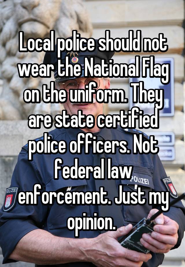 Local police should not wear the National Flag on the uniform. They are state certified police officers. Not federal law enforcement. Just my opinion. 