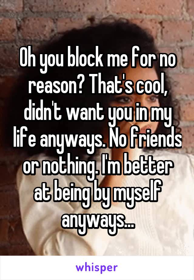 Oh you block me for no reason? That's cool, didn't want you in my life anyways. No friends or nothing. I'm better at being by myself anyways...