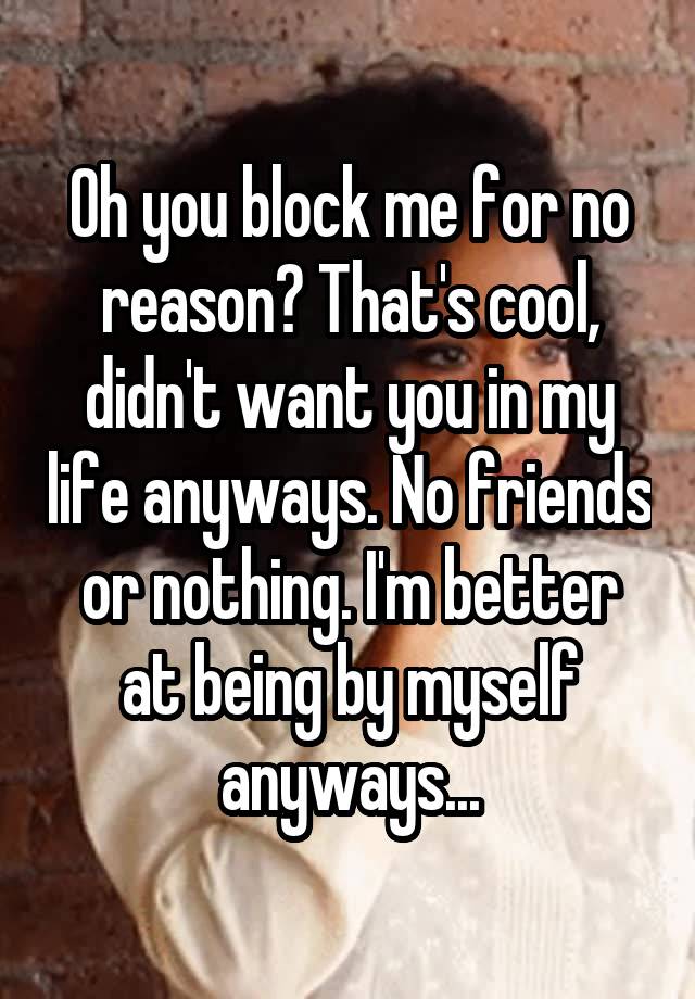 Oh you block me for no reason? That's cool, didn't want you in my life anyways. No friends or nothing. I'm better at being by myself anyways...