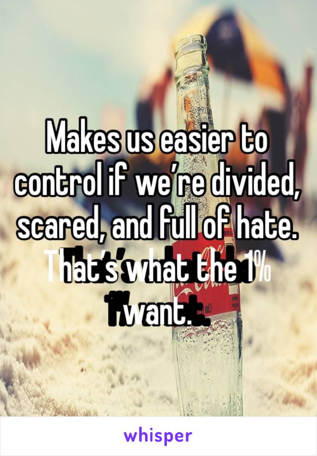 Makes us easier to control if we’re divided, scared, and full of hate. 
That’s what the 1% want. 