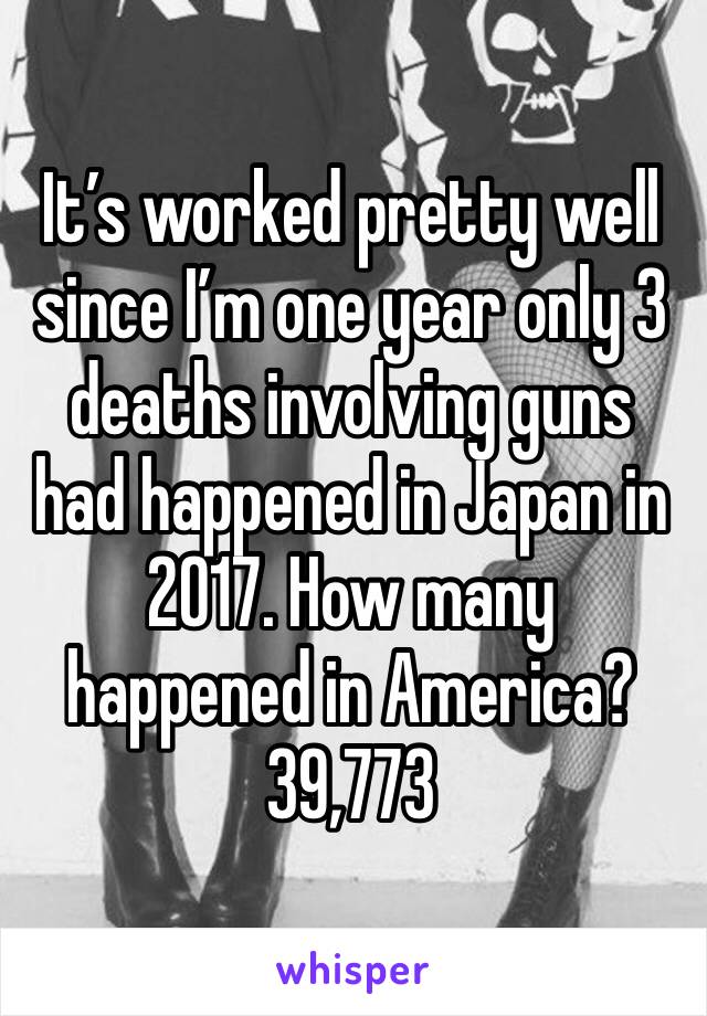 It’s worked pretty well since I’m one year only 3 deaths involving guns had happened in Japan in 2017. How many happened in America? 39,773