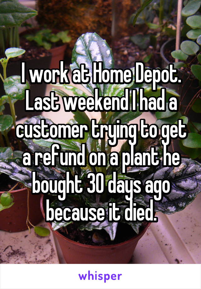 I work at Home Depot. Last weekend I had a customer trying to get a refund on a plant he bought 30 days ago because it died.