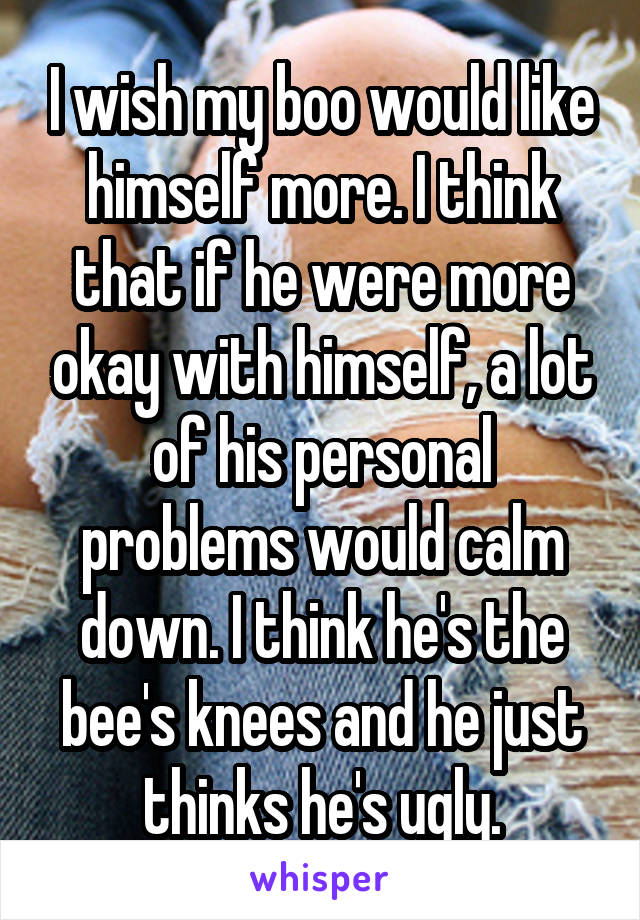 I wish my boo would like himself more. I think that if he were more okay with himself, a lot of his personal problems would calm down. I think he's the bee's knees and he just thinks he's ugly.