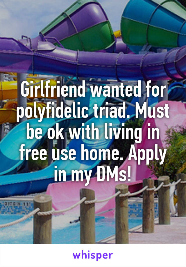 Girlfriend wanted for polyfidelic triad. Must be ok with living in free use home. Apply in my DMs!