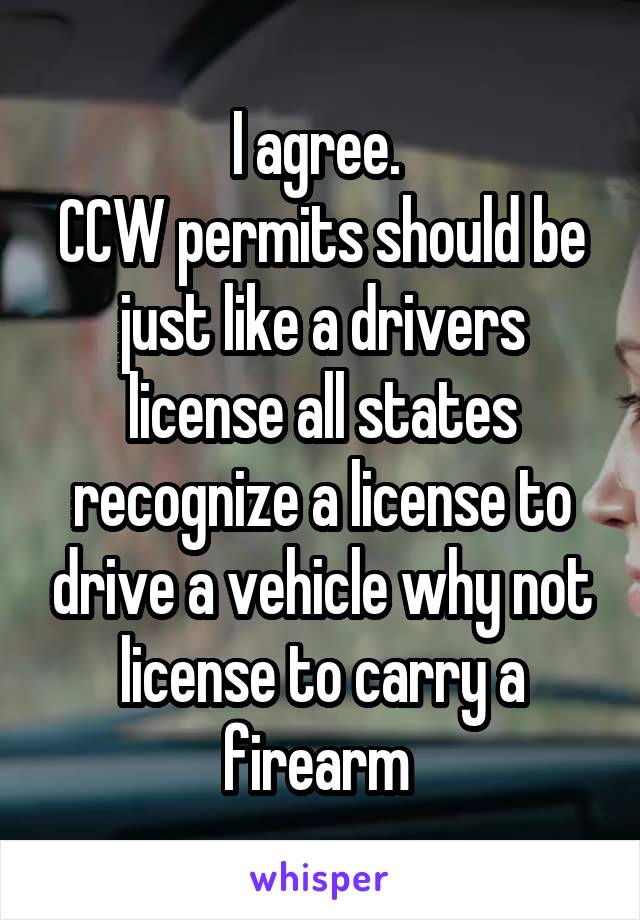 I agree. 
CCW permits should be just like a drivers license all states recognize a license to drive a vehicle why not license to carry a firearm 