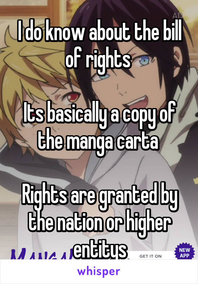 I do know about the bill of rights 

Its basically a copy of the manga carta 

Rights are granted by the nation or higher entitys