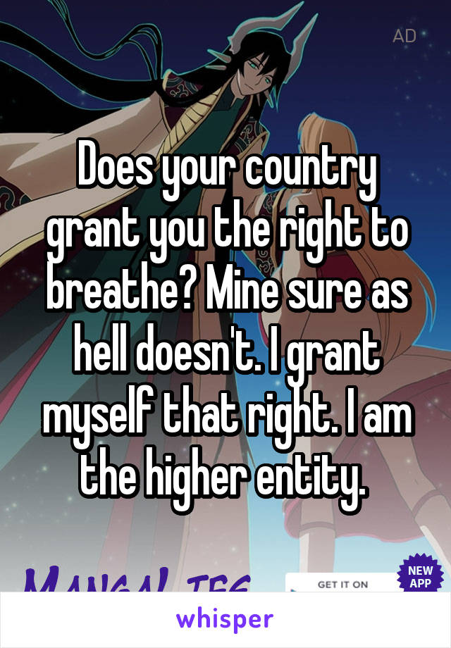 Does your country grant you the right to breathe? Mine sure as hell doesn't. I grant myself that right. I am the higher entity. 