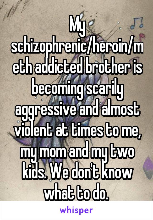 My schizophrenic/heroin/meth addicted brother is becoming scarily aggressive and almost violent at times to me, my mom and my two kids. We don't know what to do. 