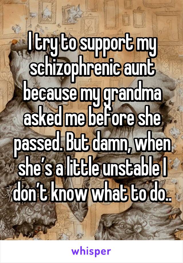 I try to support my schizophrenic aunt because my grandma asked me before she passed. But damn, when she’s a little unstable I don’t know what to do.. 