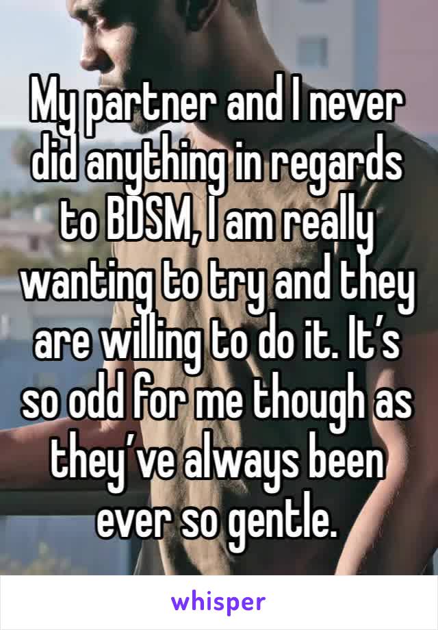 My partner and I never did anything in regards to BDSM, I am really wanting to try and they are willing to do it. It’s so odd for me though as they’ve always been ever so gentle. 