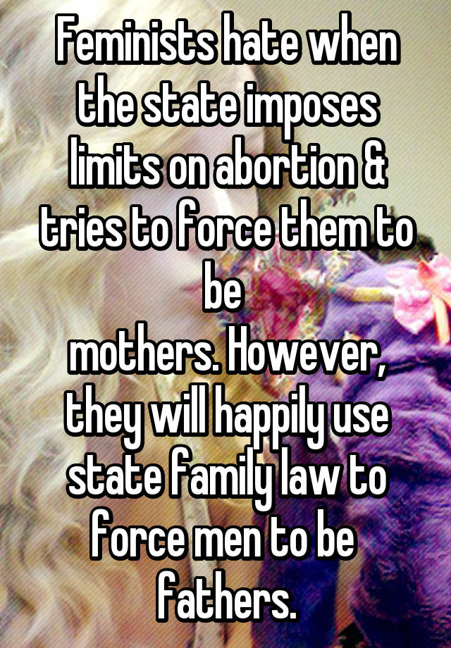 Feminists hate when the state imposes limits on abortion & tries to force them to be 
mothers. However, they will happily use state family law to force men to be 
fathers.