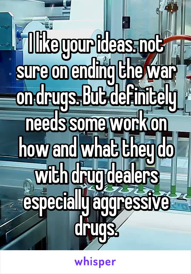 I like your ideas. not sure on ending the war on drugs. But definitely needs some work on how and what they do with drug dealers especially aggressive drugs.