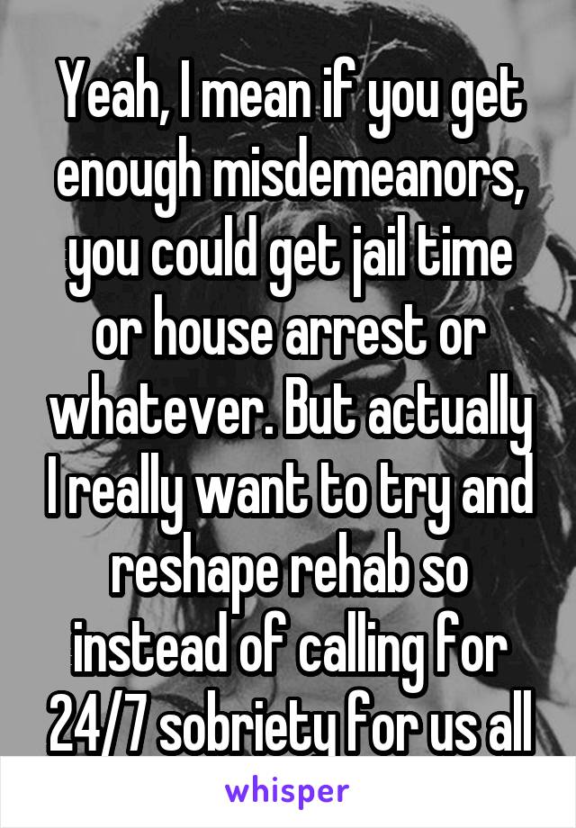 Yeah, I mean if you get enough misdemeanors, you could get jail time or house arrest or whatever. But actually I really want to try and reshape rehab so instead of calling for 24/7 sobriety for us all