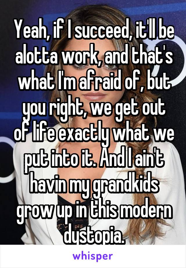 Yeah, if I succeed, it'll be alotta work, and that's what I'm afraid of, but you right, we get out of life exactly what we put into it. And I ain't havin my grandkids grow up in this modern dystopia.