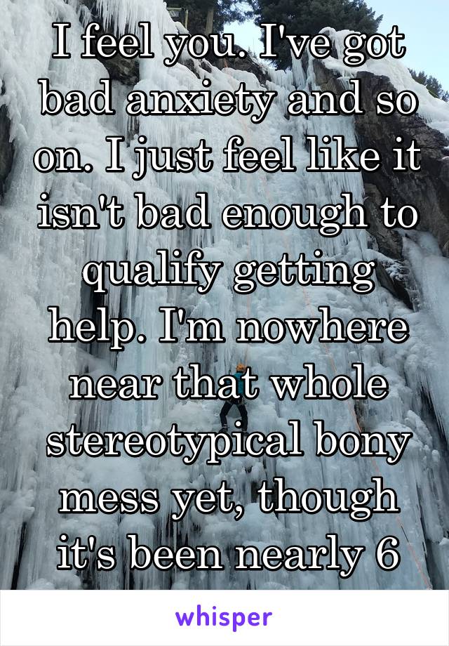 I feel you. I've got bad anxiety and so on. I just feel like it isn't bad enough to qualify getting help. I'm nowhere near that whole stereotypical bony mess yet, though it's been nearly 6 years lmao