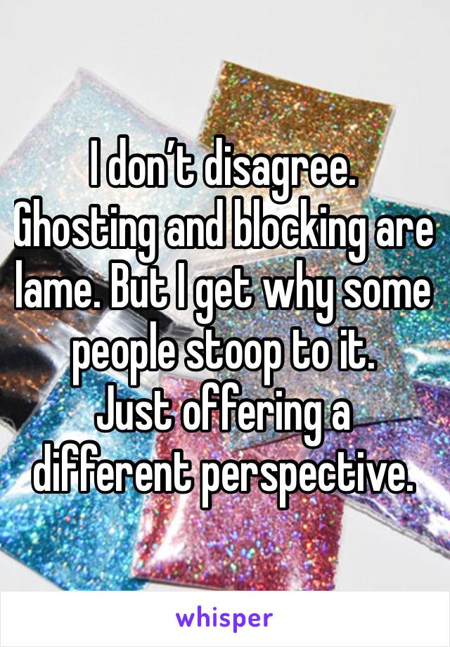 I don’t disagree.  Ghosting and blocking are lame. But I get why some people stoop to it. 
Just offering a different perspective. 