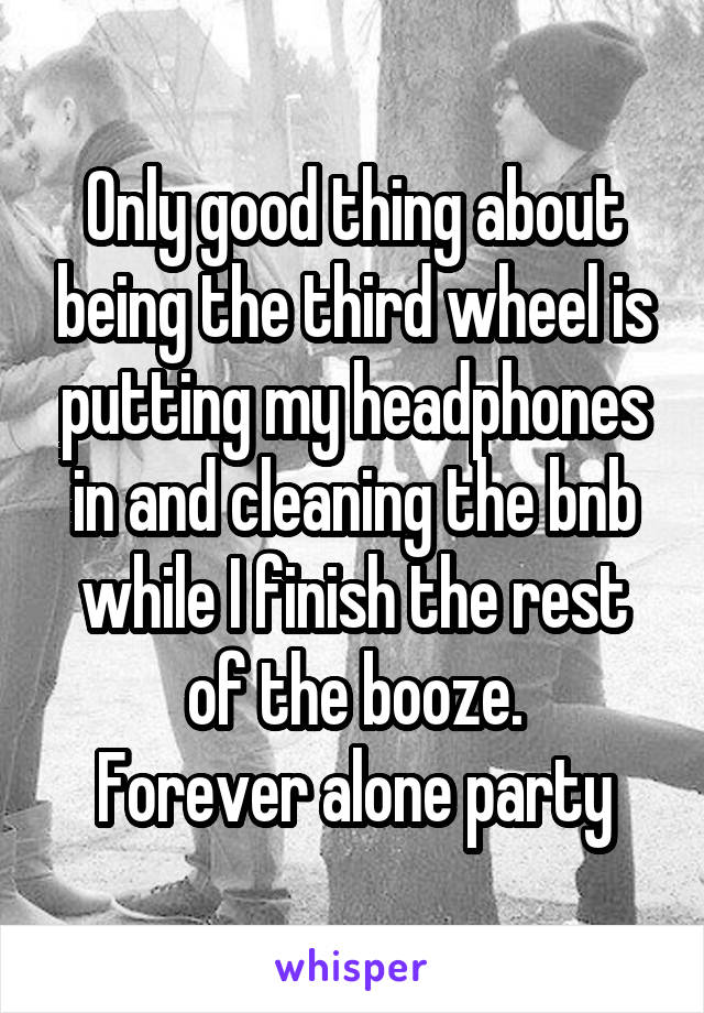 Only good thing about being the third wheel is putting my headphones in and cleaning the bnb while I finish the rest of the booze.
Forever alone party